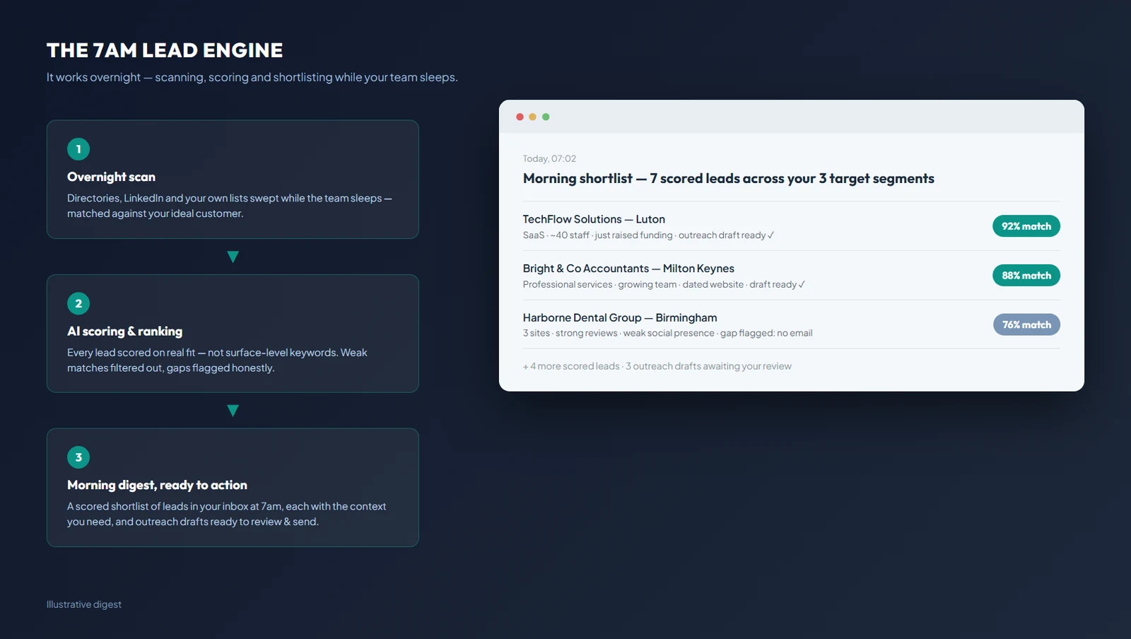 An overnight AI agent that scans sources, scores every lead, and delivers a ranked shortlist by 7am.