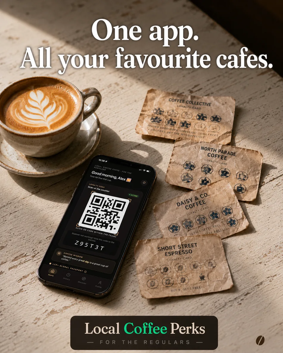 Local Coffee Perks — a customer loyalty app we designed, built with AI and shipped to the App Store and Google Play.