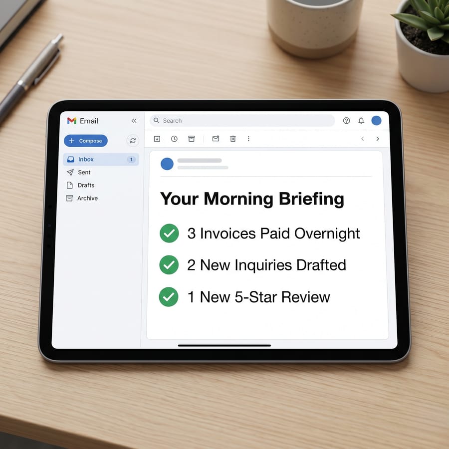 Mockup of a morning briefing email summarising overnight business activity.