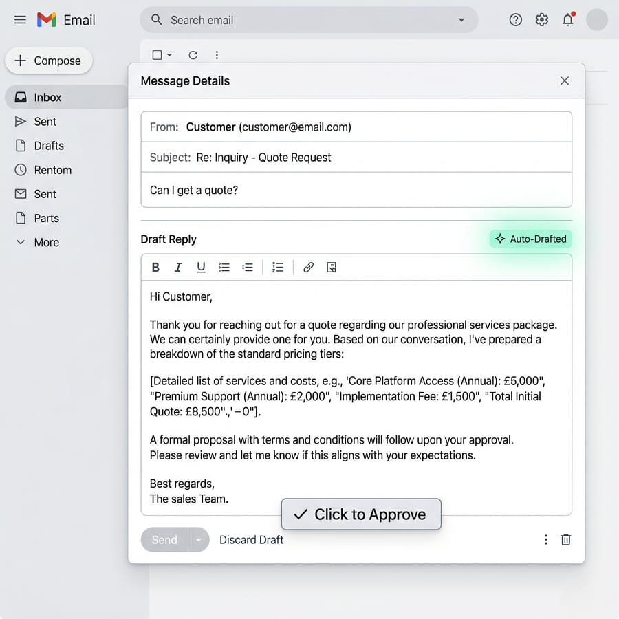Mockup of an email inbox with AI-drafted replies queued for approval.